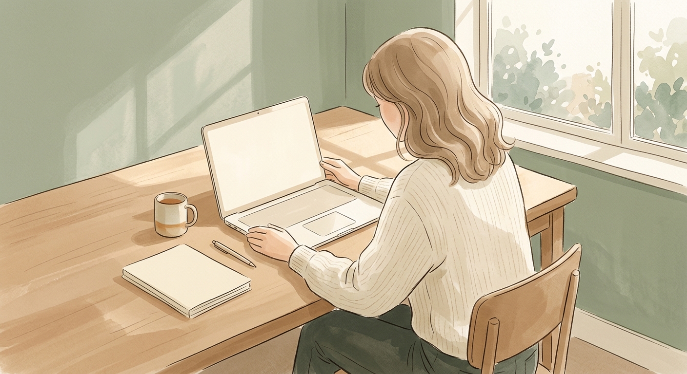 A therapist at a wooden desk reviewing a laptop screen in warm afternoon light — TherapyDesk illustration